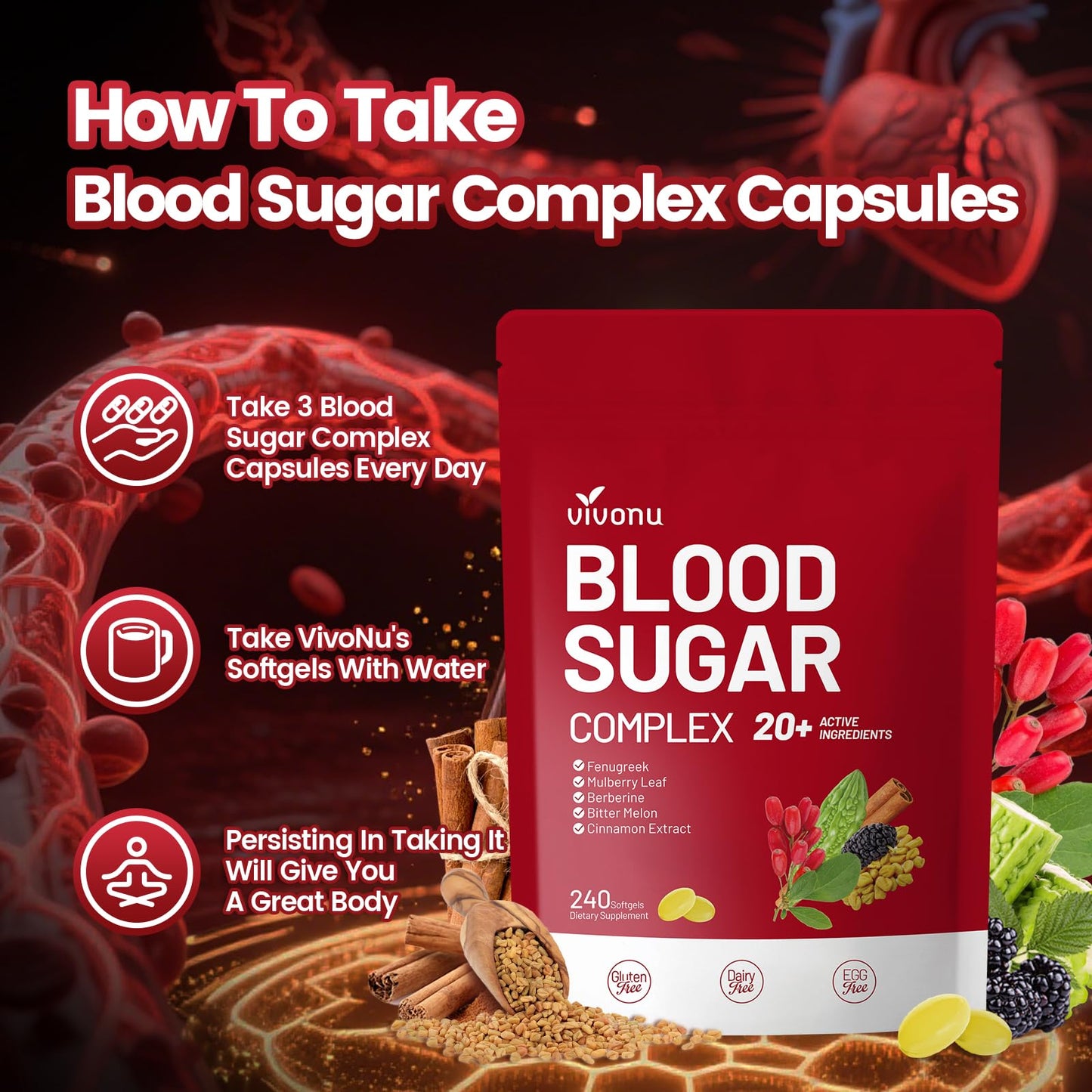 VivoNu Blood Sugar Complex Supplement Capsule, 240 Count