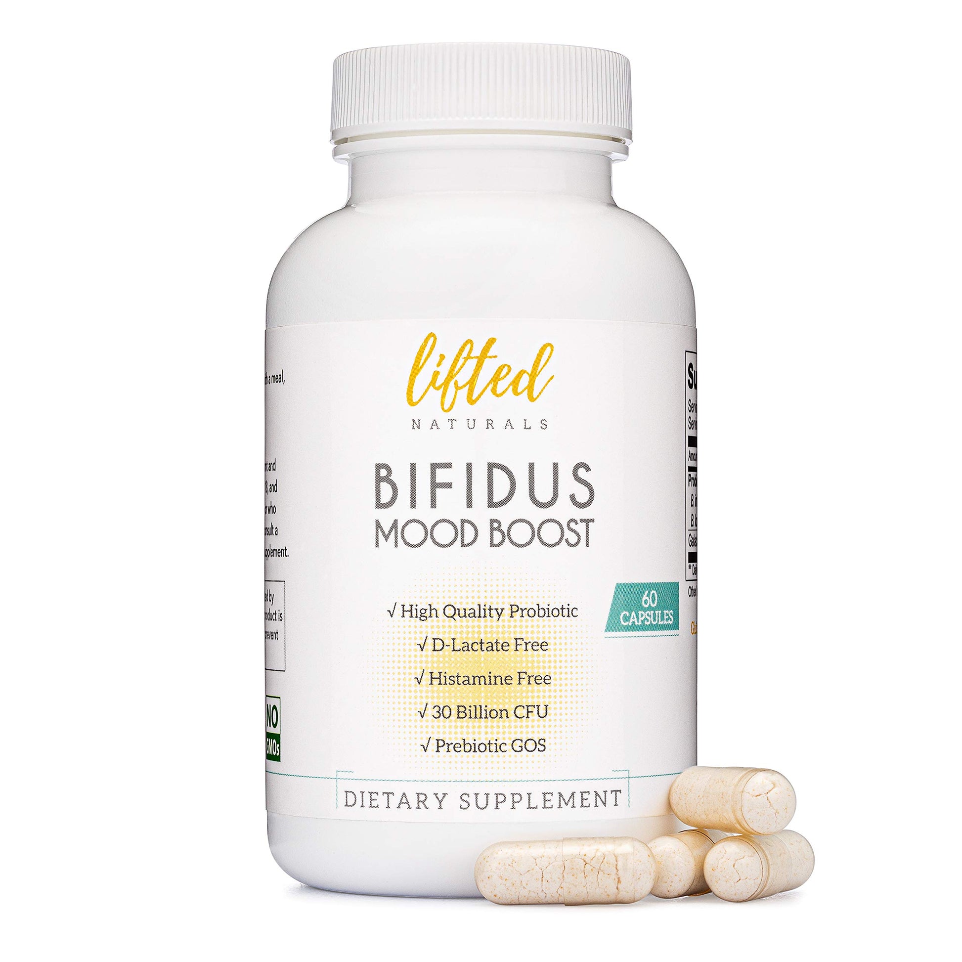 Lifted Naturals Probiotics 30 Billion CFU Bifidus Mood Support Capsules, 60 Count