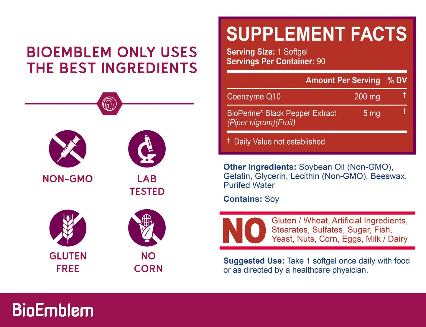 BioEmblem CoQ10 200mg with BioPerine Softgel, 90 Count