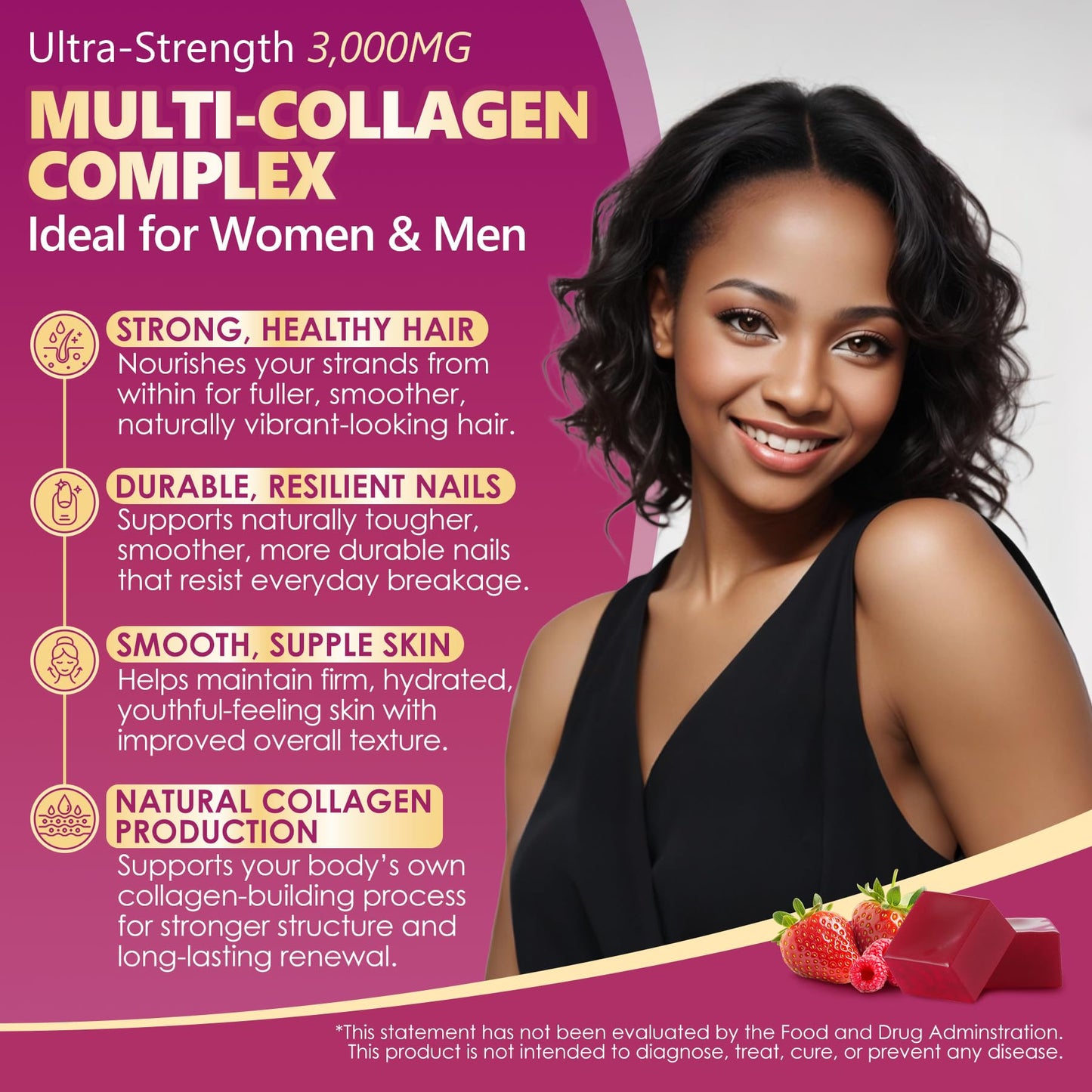 LILICARE Collagen Gummies + Biotin Soft Chews 3000mg, Chewable, 60 Count