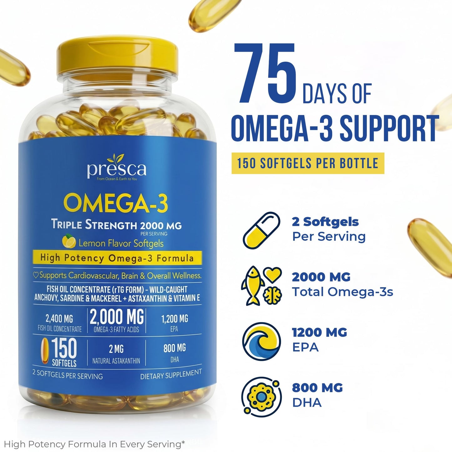 Presca Triple Strength Omega-3 Fish Oil Softgels, 150 Count