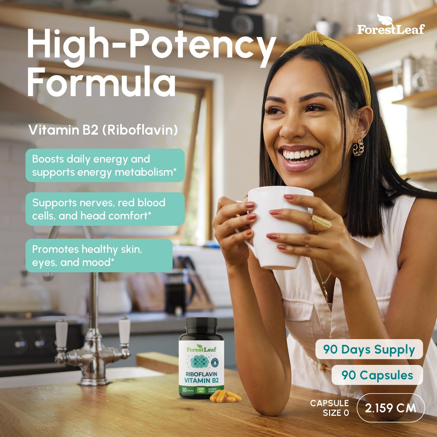 ForestLeaf Vitamin B2 Riboflavin 400mg Capsules, 90 Count