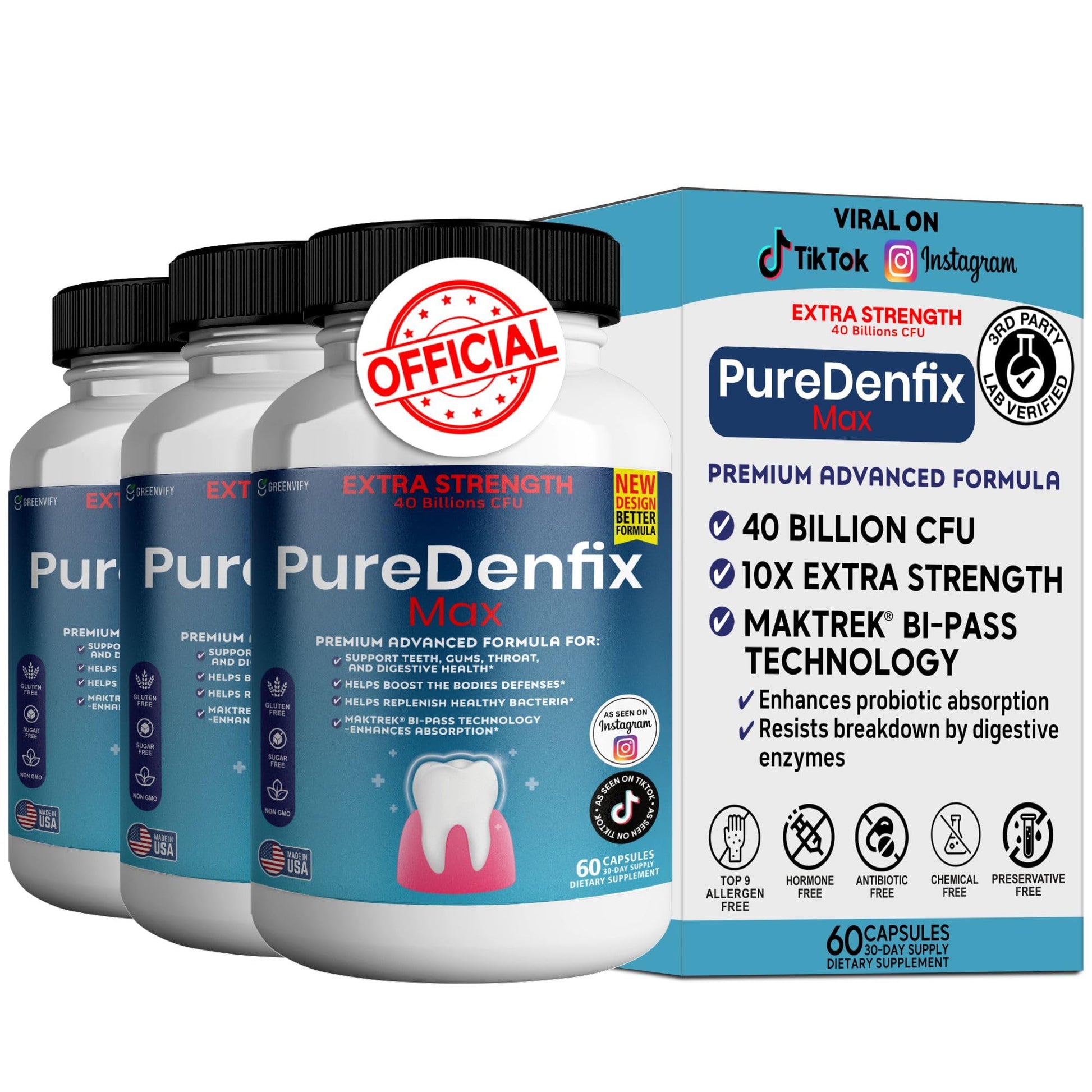 PureDenfix Max Extra Strength Probiotic Supplement with 40 Billion CFU, 180 Capsules