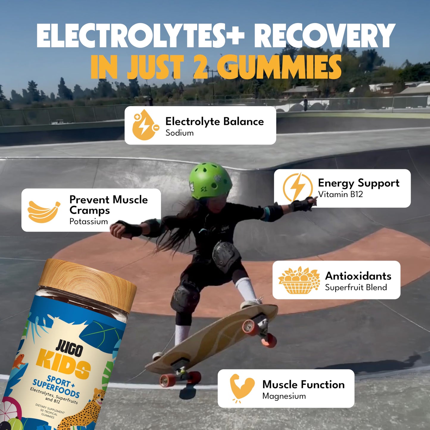 JUGO LLC Kids Sport + SUPERFOODS Electrolyte Gummies for Sports Hydration and Daily Play with Super Fruits, Vitamin B12, and Potassium, Gluten-Free, Non-GMO, Tropical Flavor, 50 Count