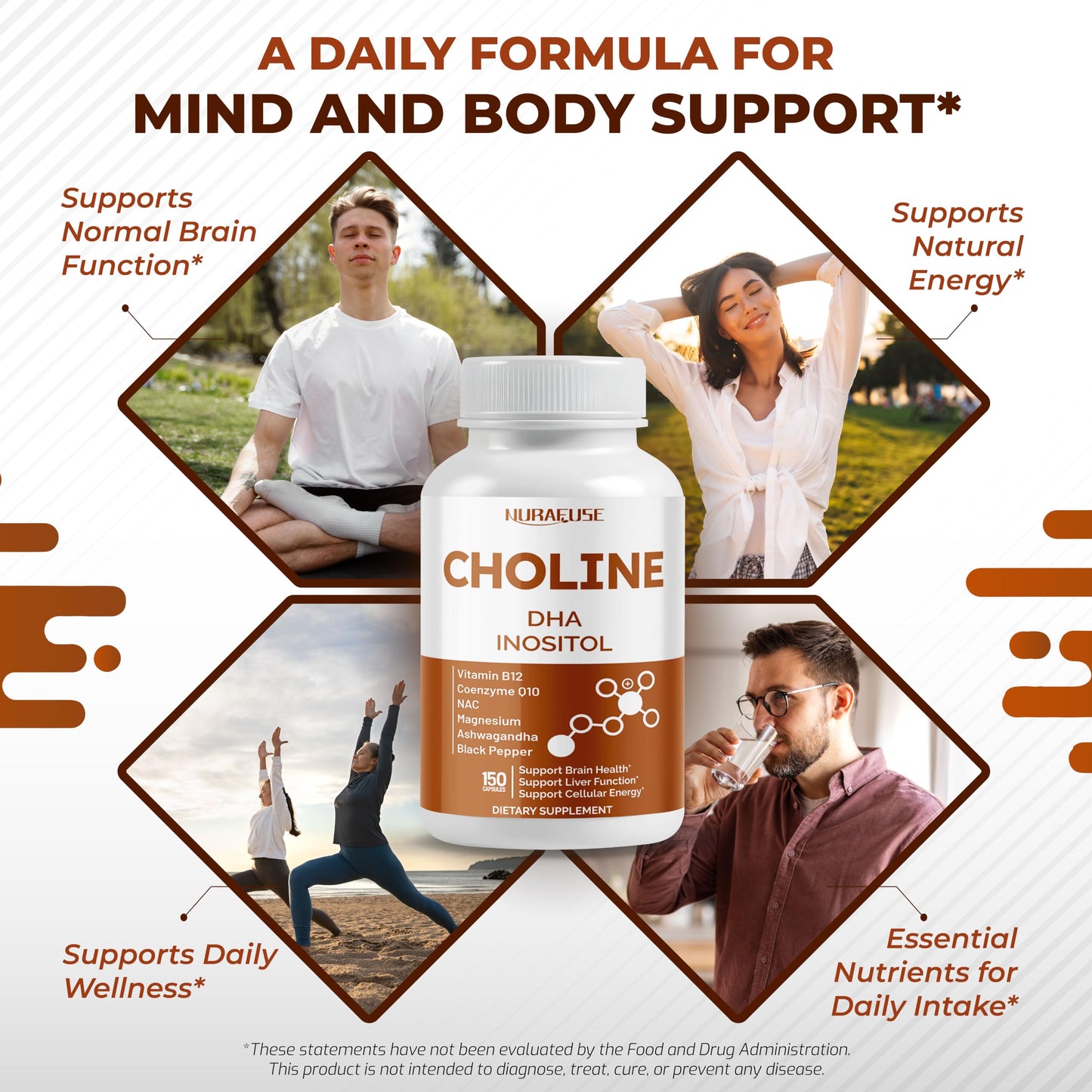 NURAFUSE Choline with DHA, Inositol, Vitamin B12, CoQ10, NAC, Magnesium, Ashwagandha Capsules 150
