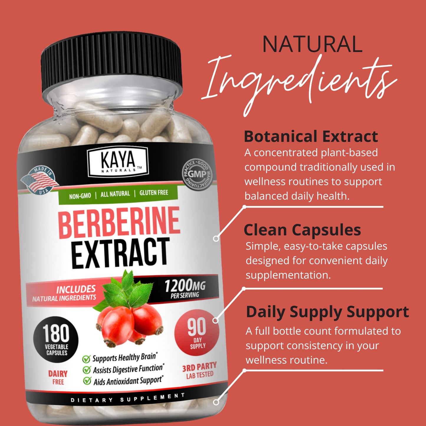 Kaya Naturals Berberine HCL Extract 1200mg Capsule, 180 Count