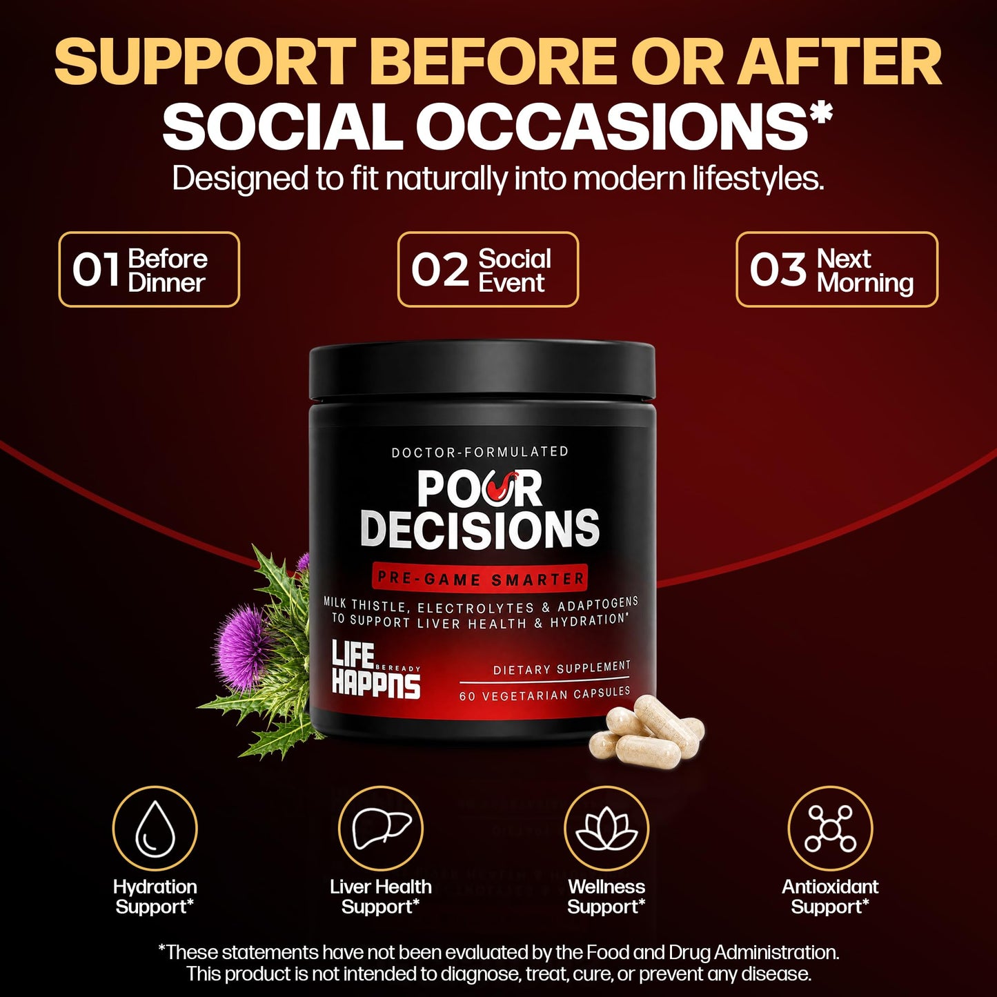 LIFE HAPPNS BE READY Pour Decisions Alcohol Support Supplement Capsule 60 Capsules