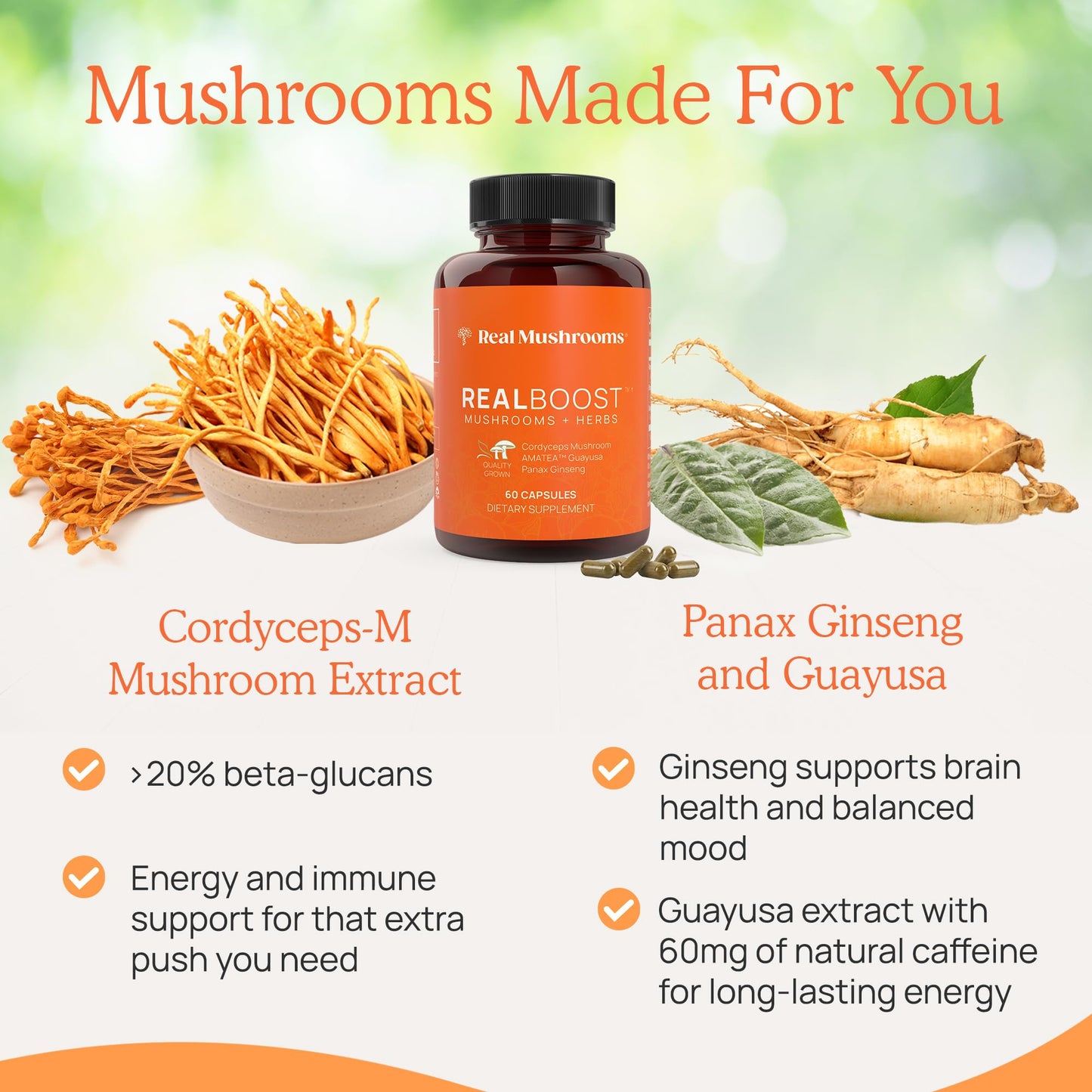 Real Mushrooms RealBoost Capsules Cordyceps Mushroom, Panax Ginseng & Guayusa Extract for Overall Wellness & Energy Support, Vegan, Non-GMO, No Fillers, 60 Count
