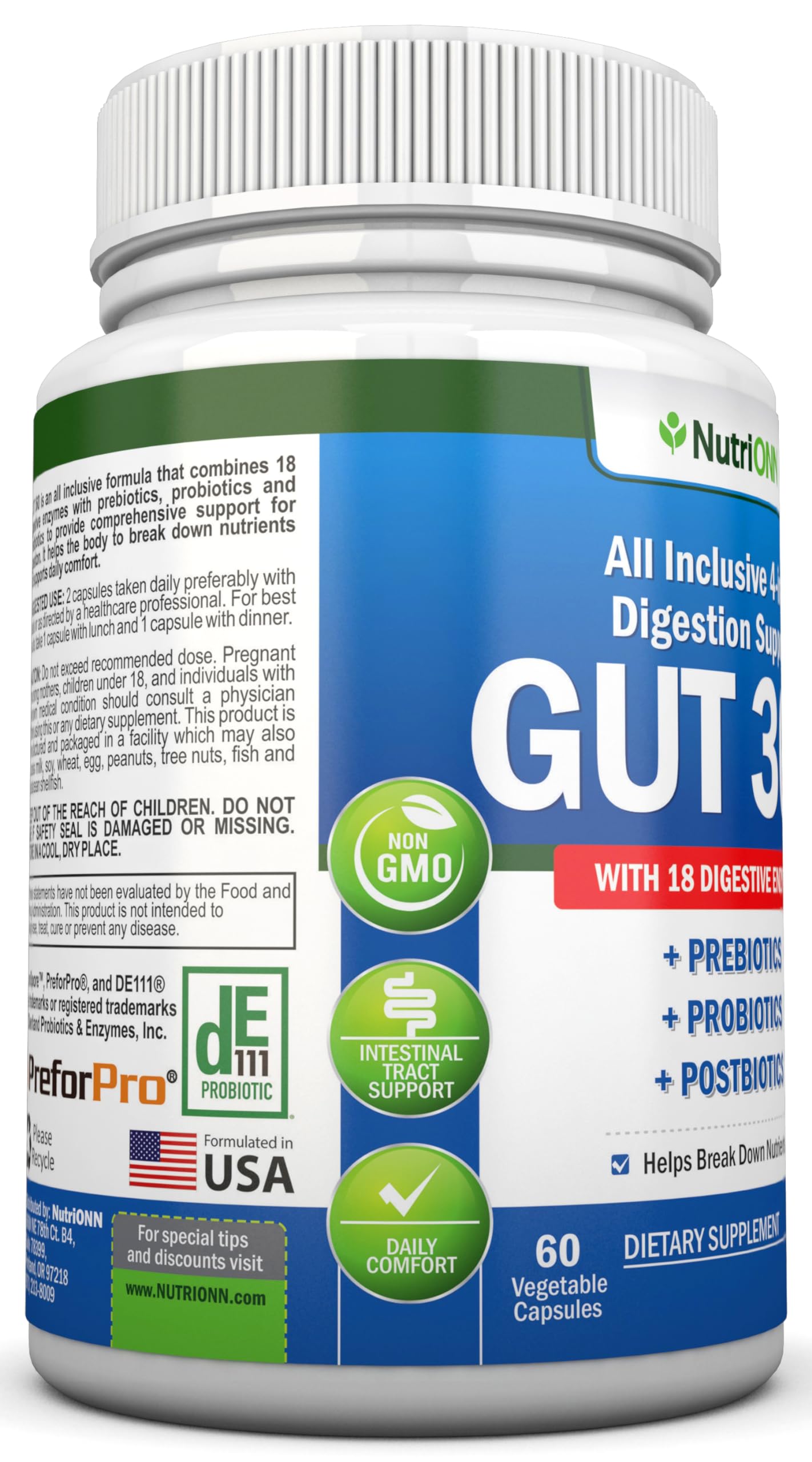 NutriONN 4-in-1 Probiotics, Prebiotics & Postbiotics with 18 Digestive Enzymes for Women & Men Capsules, 60 Count
