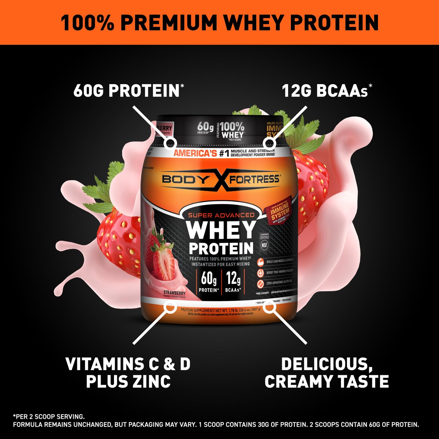 Body Fortress Whey Protein Powder, Strawberry, 28.4 Servings
