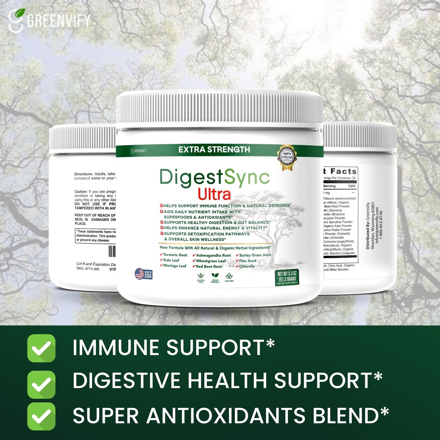 GREENVIFY DigestSync Ultra Extra Strength Digestive Support Supplement with Organic Superfoods Capsules, 300 Capsules