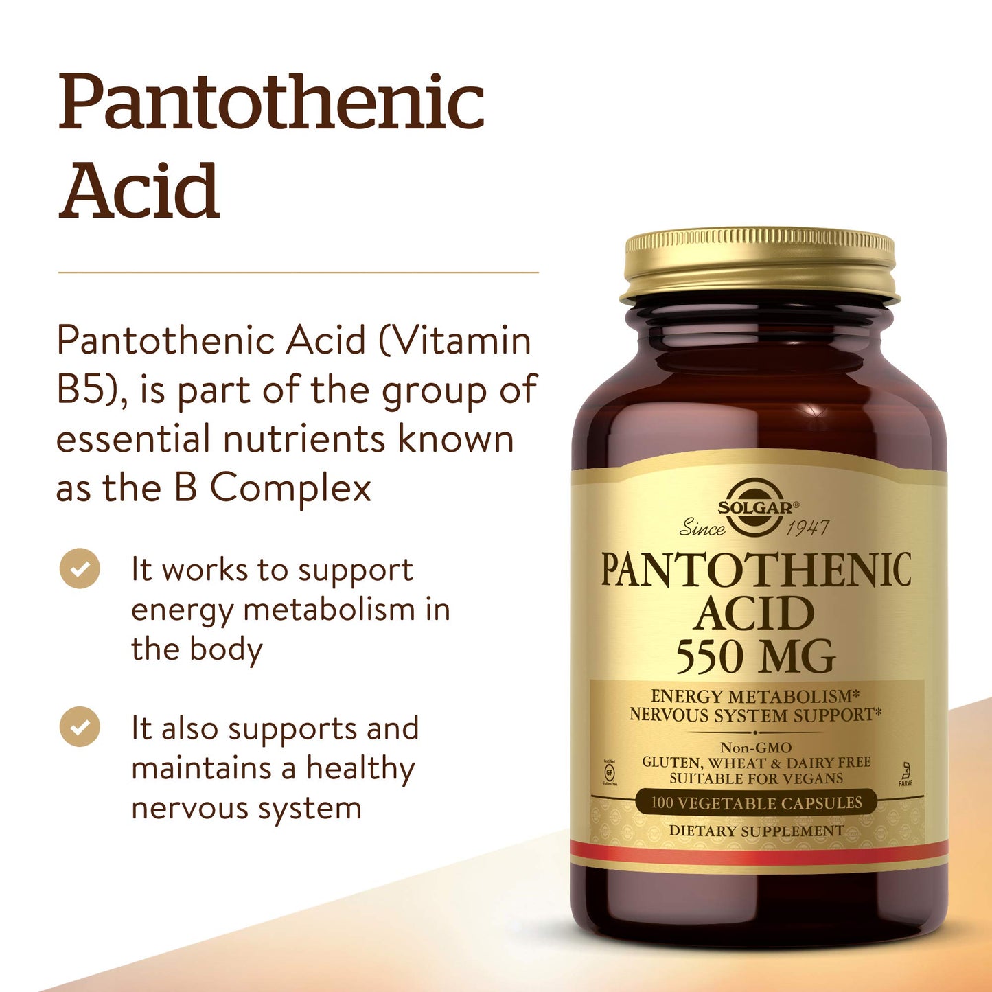 Solgar Pantothenic Acid 550 mg Capsules, 100 Count