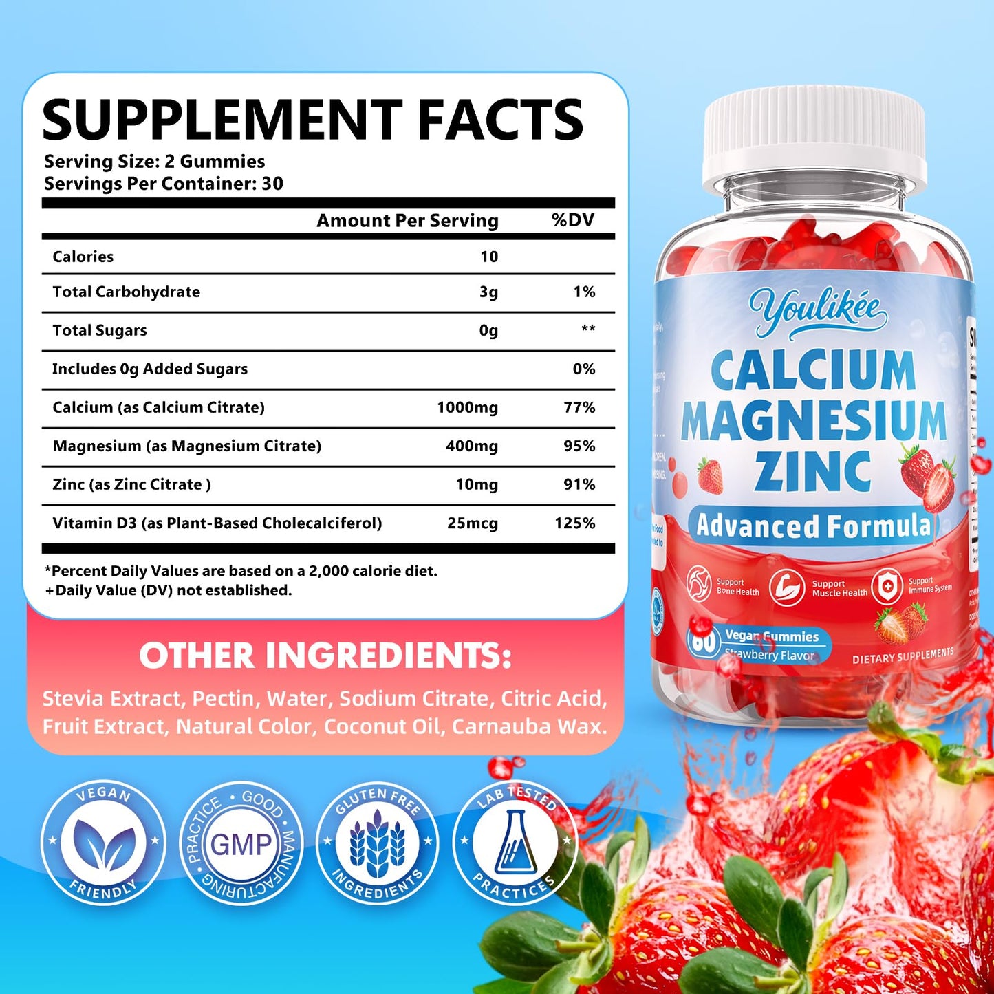 Youlikee Calcium Magnesium Zinc Gummies 120 Count