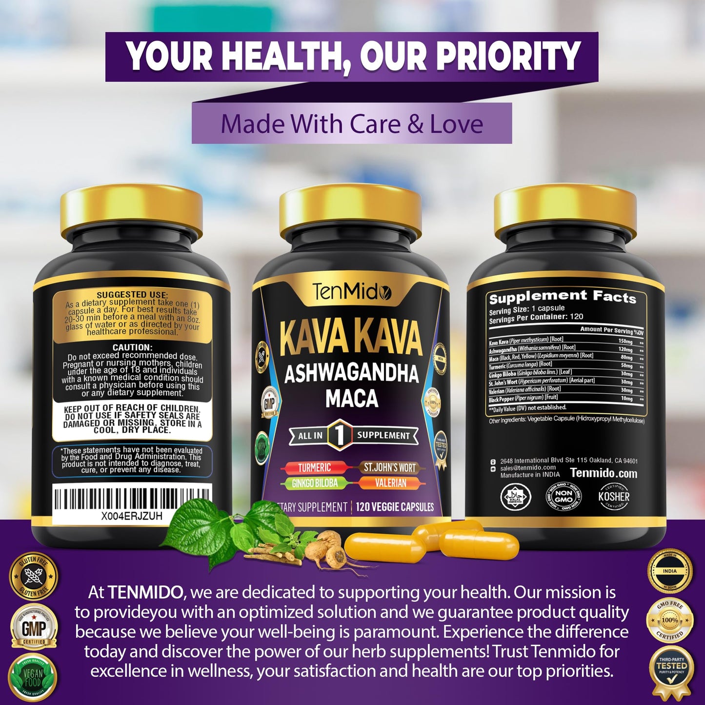 Tenmido Kava Kava Root Supplement Capsules 120 Count