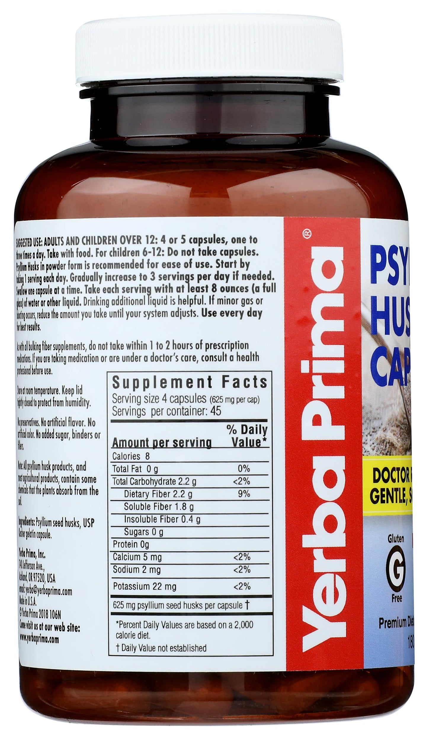 Yerba Prima Psyllium Husks Supplement Capsules, 180 Capsules