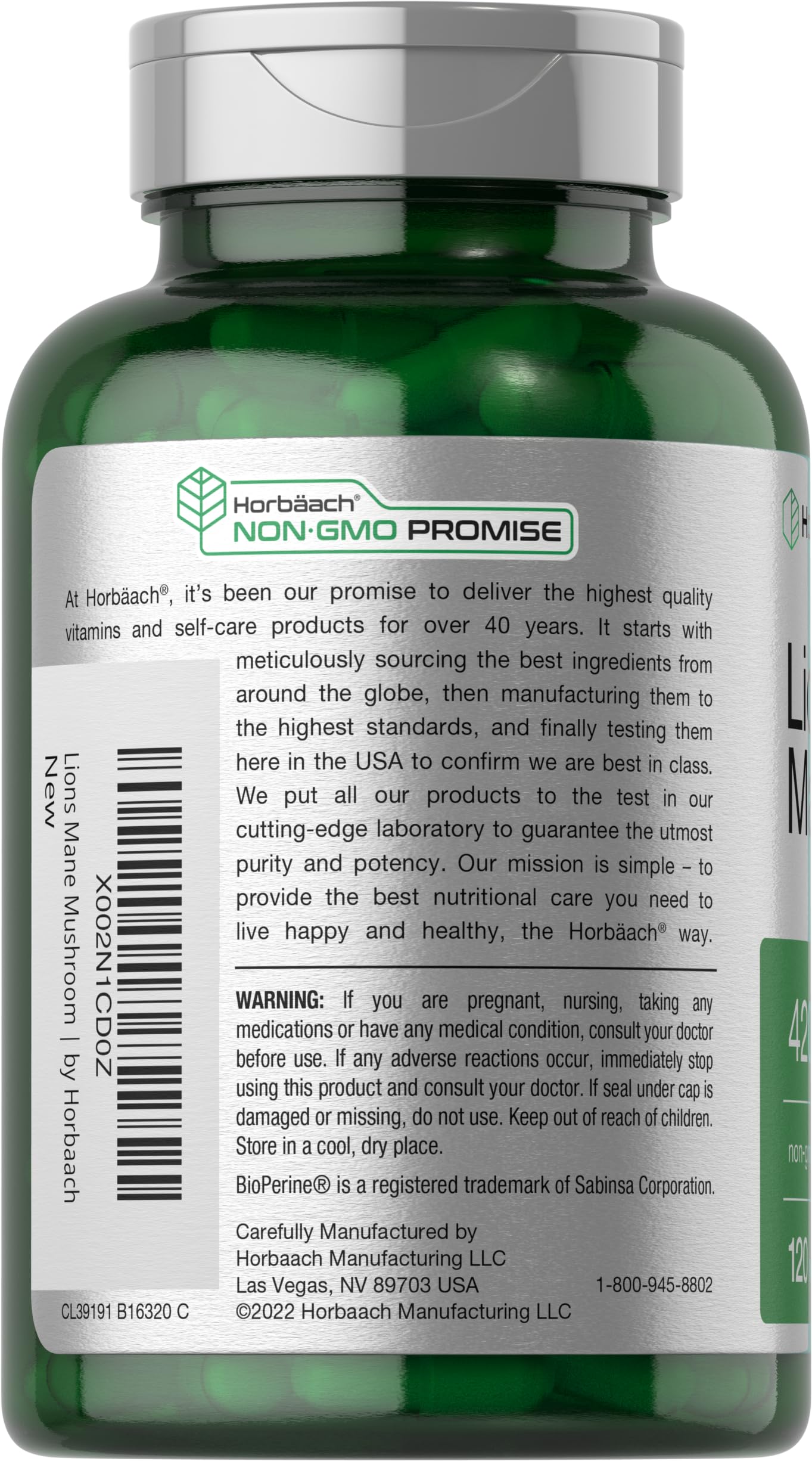 Horbäach Lions Mane Mushroom Extract Capsules, 120 Count