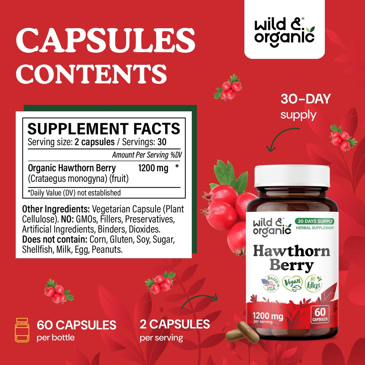 Wild & Organic Hawthorn Berry Capsules 1200 mg 60 Count