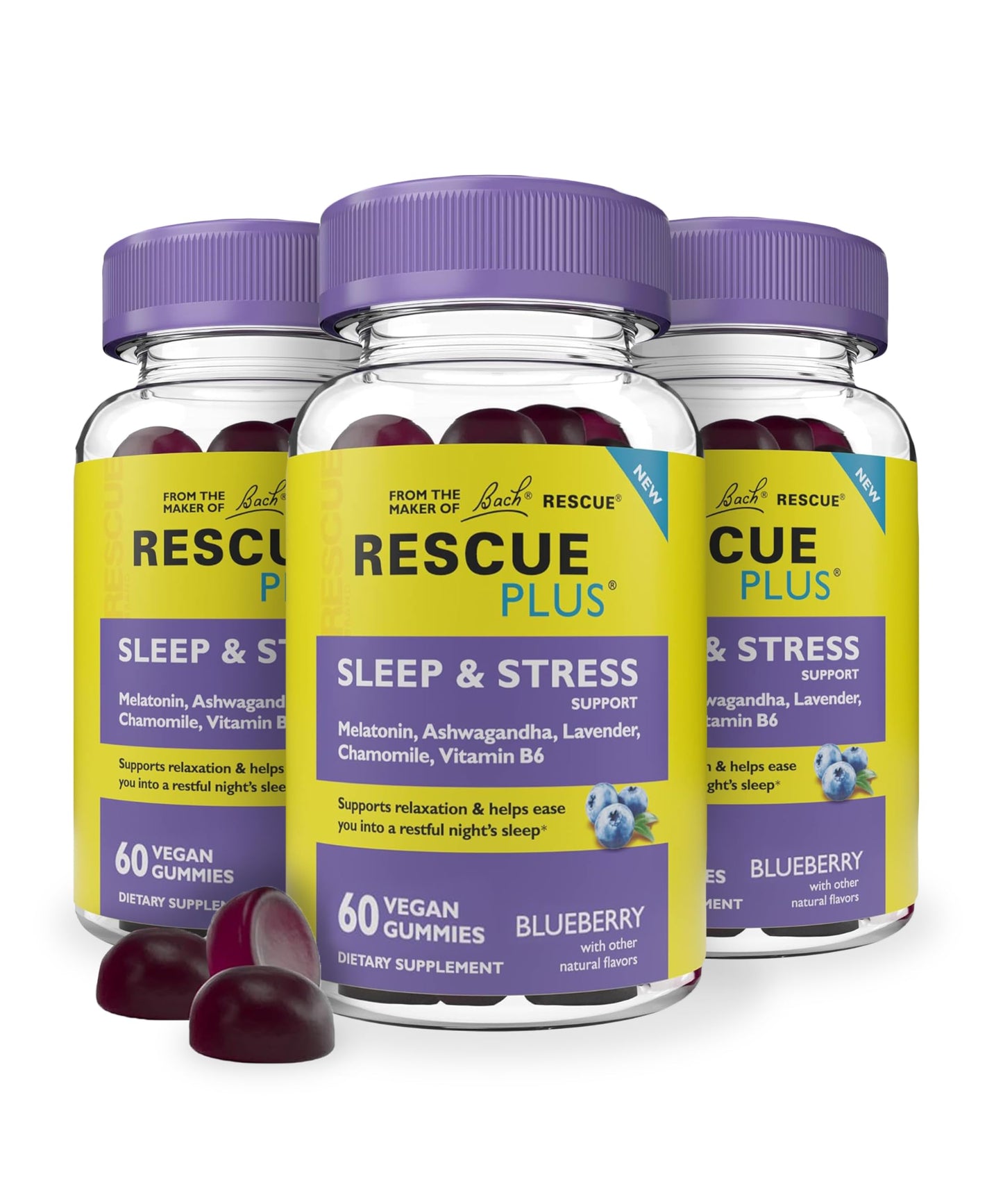 RESCUE Bach Plus Sleep & Stress Support Gummies, Nighttime Dietary Supplement with 1mg Melatonin, Ashwagandha, Chamomile, Lavender & Vitamin B6, Natural Blueberry Flavor, Vegan & Gluten-Free, 3 Pack
