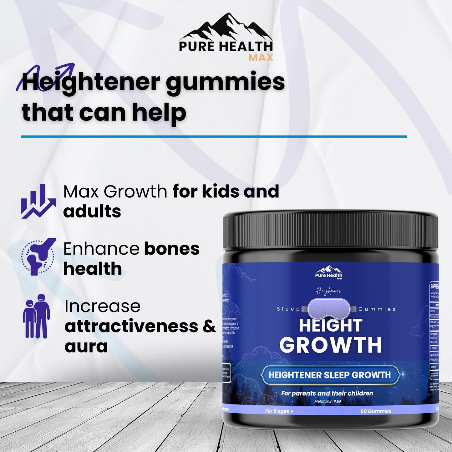 PURE HEALTH MAX Heightener Height Growth Sleep Gummies - Vitamins to Grow Taller for True Height Potential, Natural Height Booster Increase Supplement for Kids and Adults | Calcium & Melatonin Multivitamin, 60 Gummies
