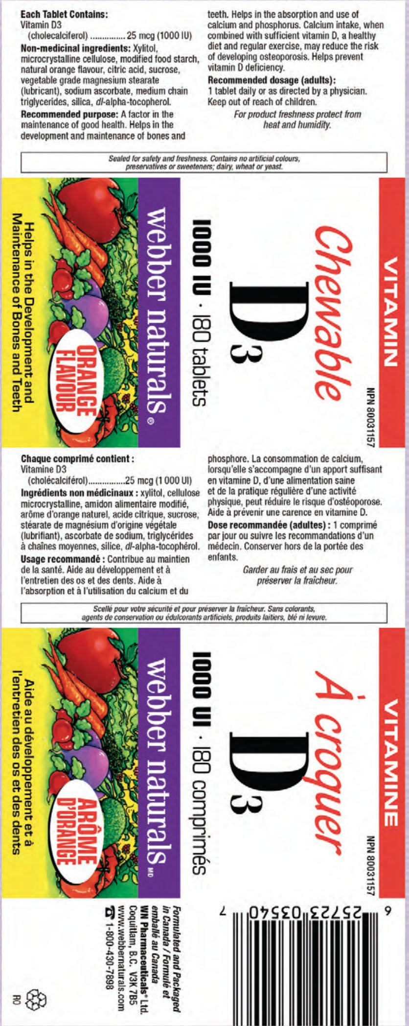 Webber Naturals Vitamin D3 1000IU Tablet, 180 Count