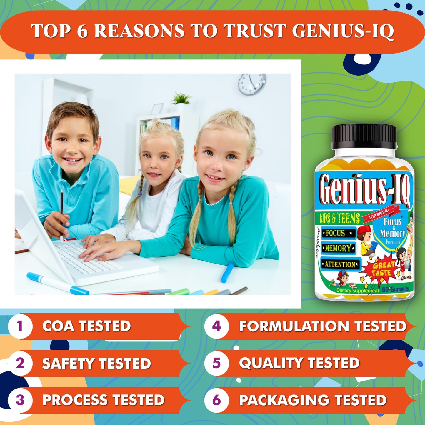Celebrity LifeStyle Product Genius IQ Kids Brain Supplements for Memory and Focus Omega 3-6-9, EPA DHA Gummy Vitamins, 60 Gummies