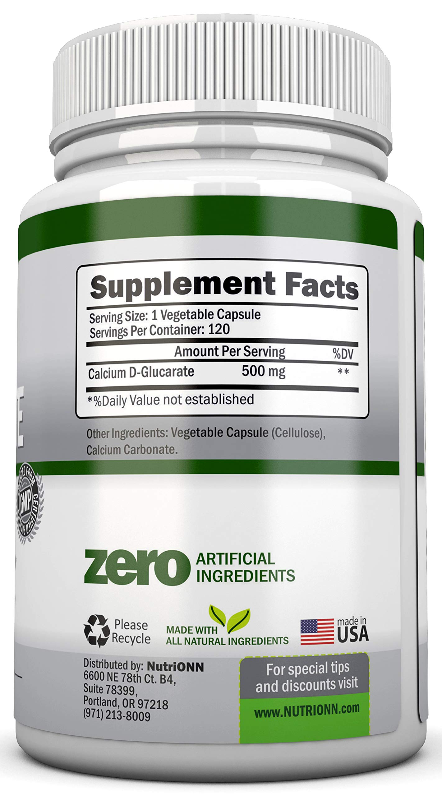 NutriONN Calcium D-Glucarate 500mg Capsules, 120 Count