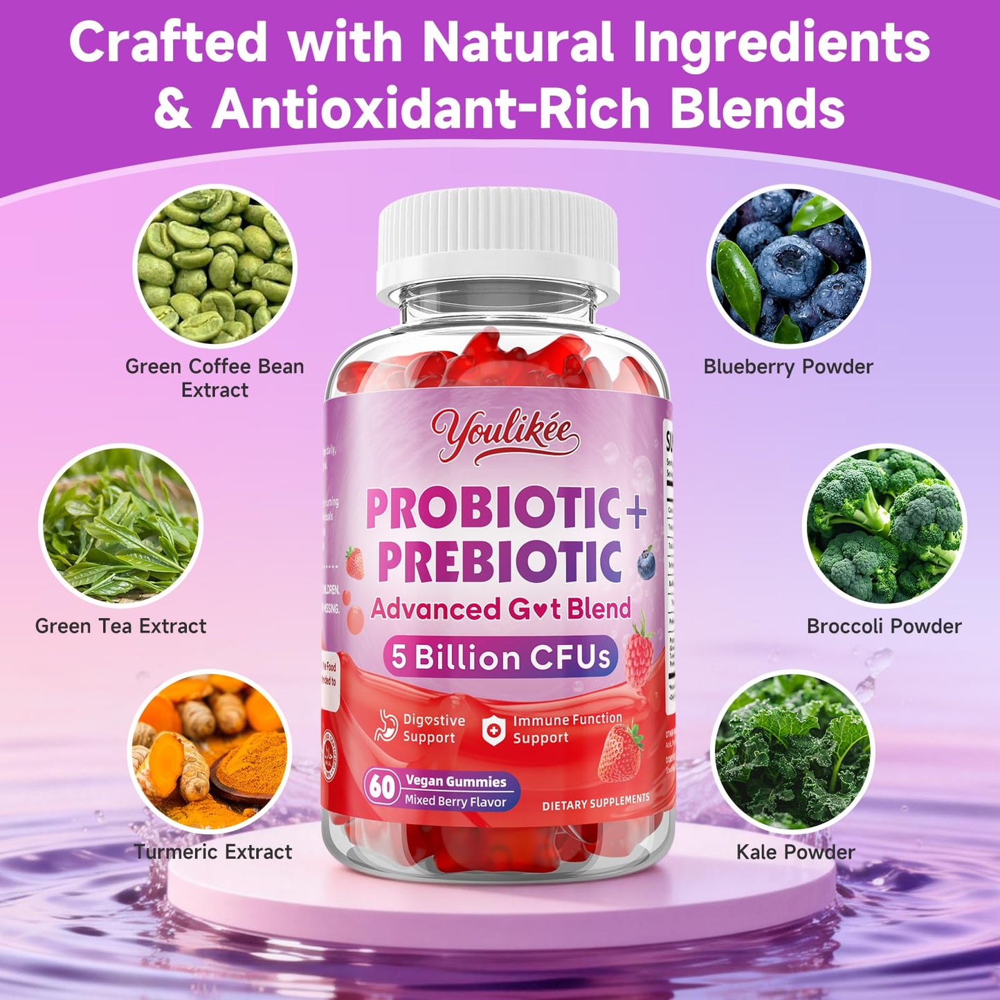 Youlikee Prebiotic + Probiotic Gummies for Women and Men Gummy 120 Count