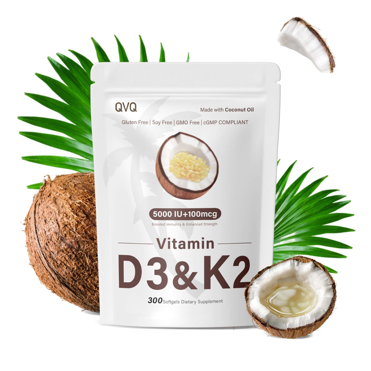 QVQ Vitamin D3 K2 5000 IU + 100 mcg Softgels, Coconut Oil, Gluten-Free, Non-GMO, Soy Free, 300 Count