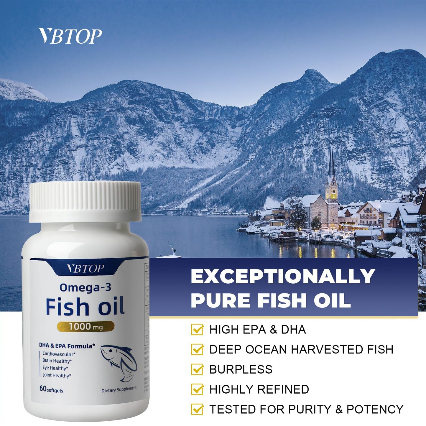 VBTOP Fish Oil Omega-3 Concentrate Supplement 1000 mg Softgels, 60 Count