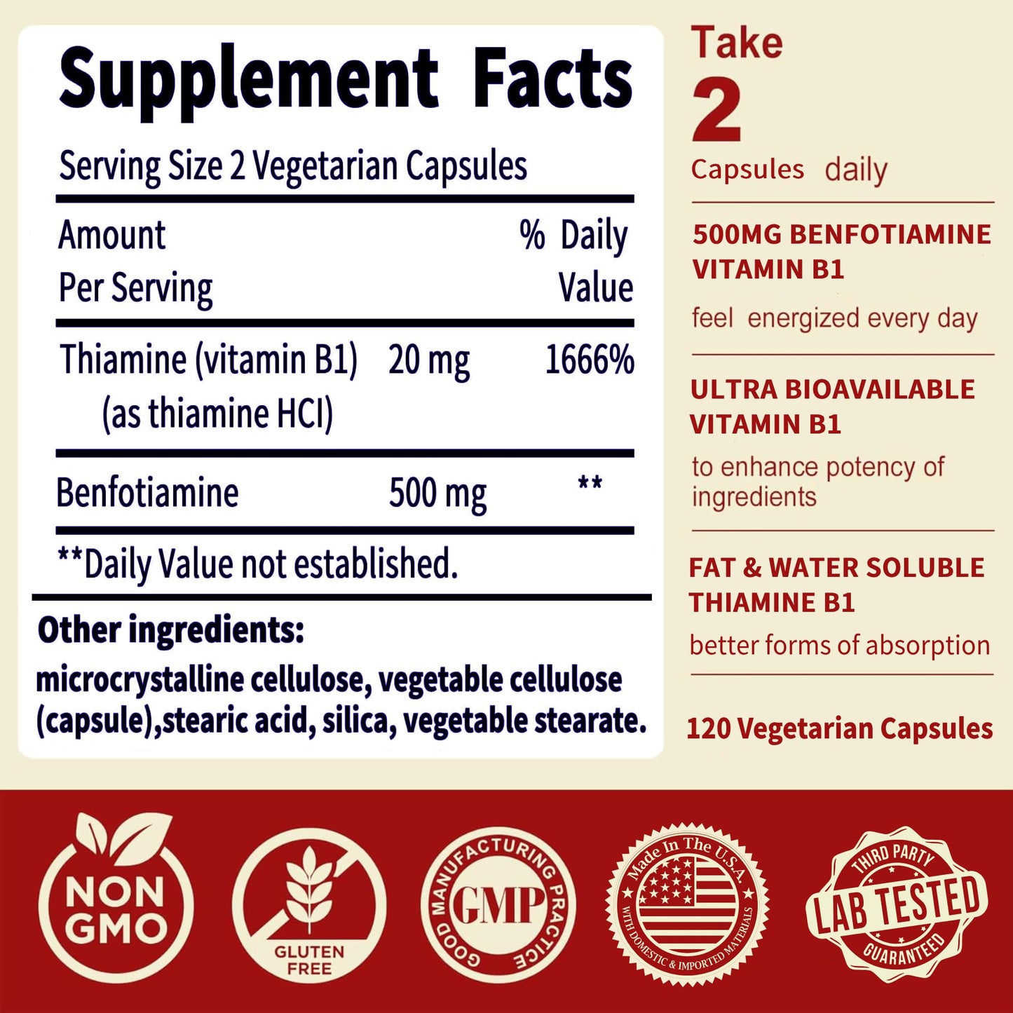 NoMiLu Vitamin B1 500mg Ultra-bioavailable Fat & Water Soluble Vitamin B1, Non-GMO, Gluten Free, 120 Vegetarian Capsules