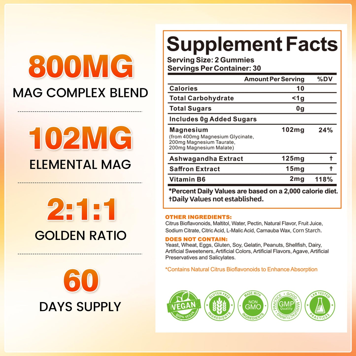 Vigoaura Magnesium Glycinate Gummies 3-in-1, 800mg Glycinate, Taurate & Malate with Ashwagandha & Saffron for Adult, Sugar Free, Vegan, 120 Chews