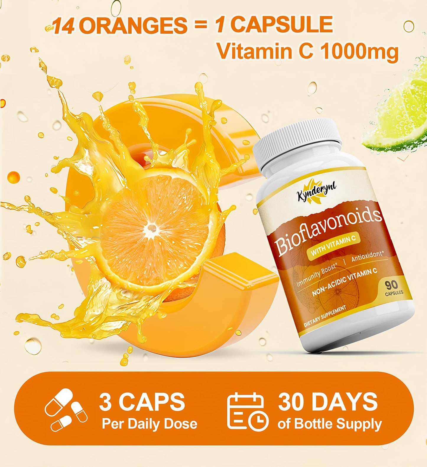 Kynderynl Vitamin C with Bioflavonoids Supplement for Immunity & Antioxidant & Skin - Blend of VIT C 1000mg and Citrus Bioflavonoids 1100mg, Non-Acidic Acerola Cherry Vitamin C, Vegan, 90 Capsules