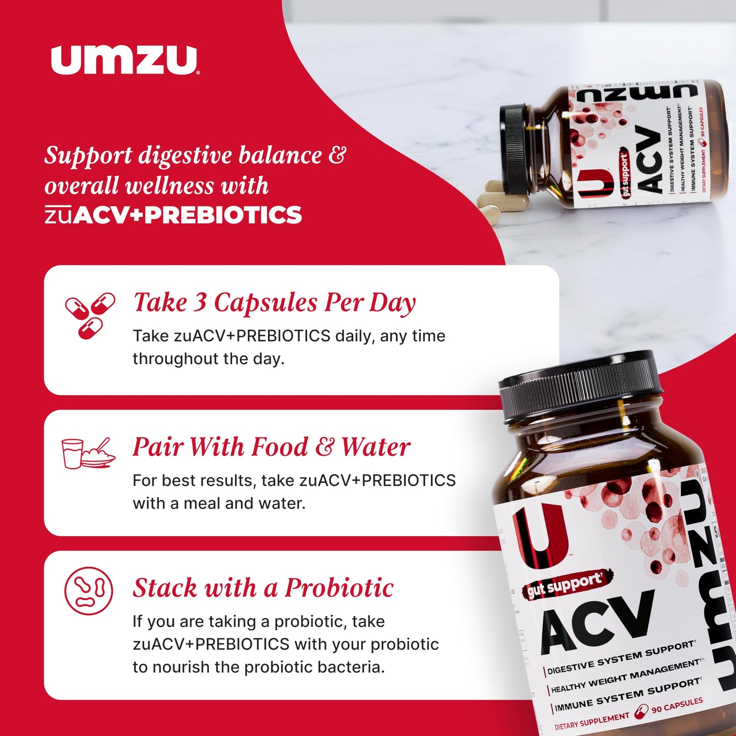 UMZU zuACV Apple Cider Vinegar + Prebiotics Capsules, 90 Count
