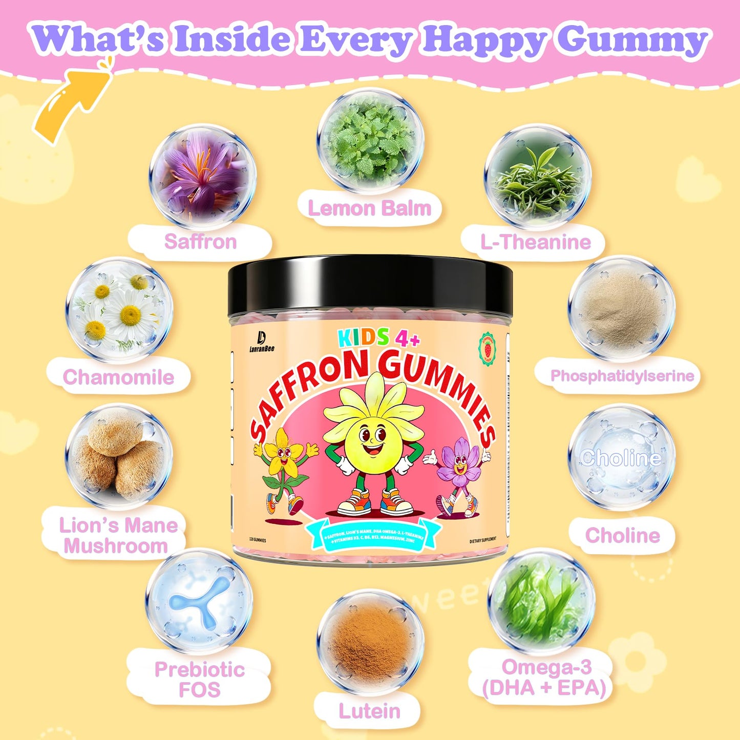 LanranBee Saffron Gummies for Kids & Adults – Calm Focus Mood Support Gummies for Kids 4+ with Magnesium Glycinate, Vegan Omega-3 DHA EPA, L-Theanine, Lion’s Mane, Brain & Immune Support, Sugar Free, 120 Ct