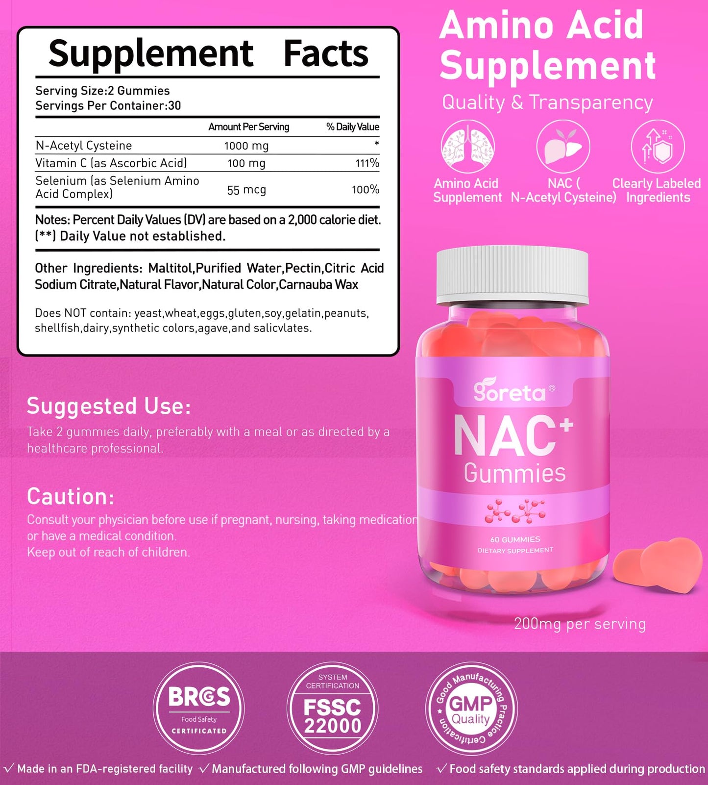 Goreta NAC Gummies 1000mg with Vitamin C & Selenium, 60 Gummies