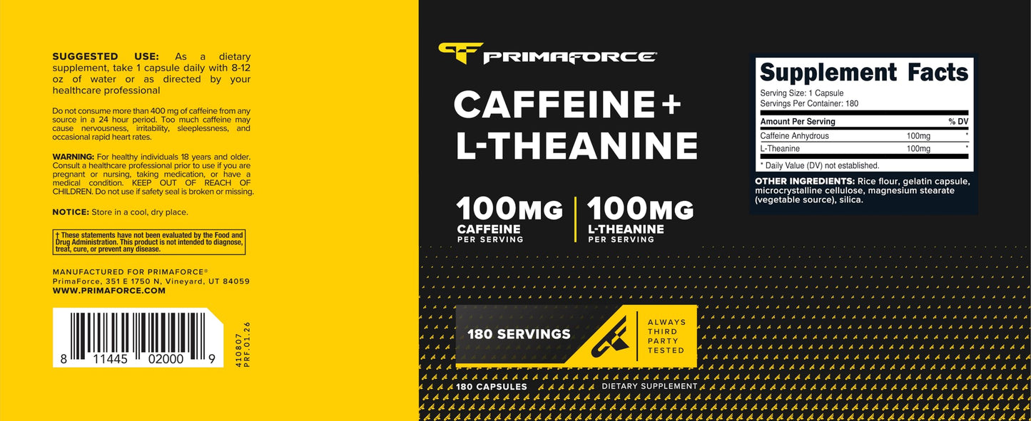 Primaforce Caffeine with L-Theanine 100mg Per Capsule, 180 Capsules