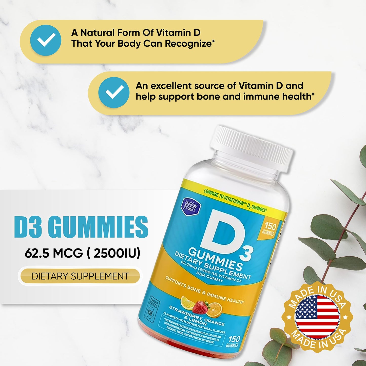 Berkley Jensen Vitamin D3 2,500IU Gummies, 150 Count