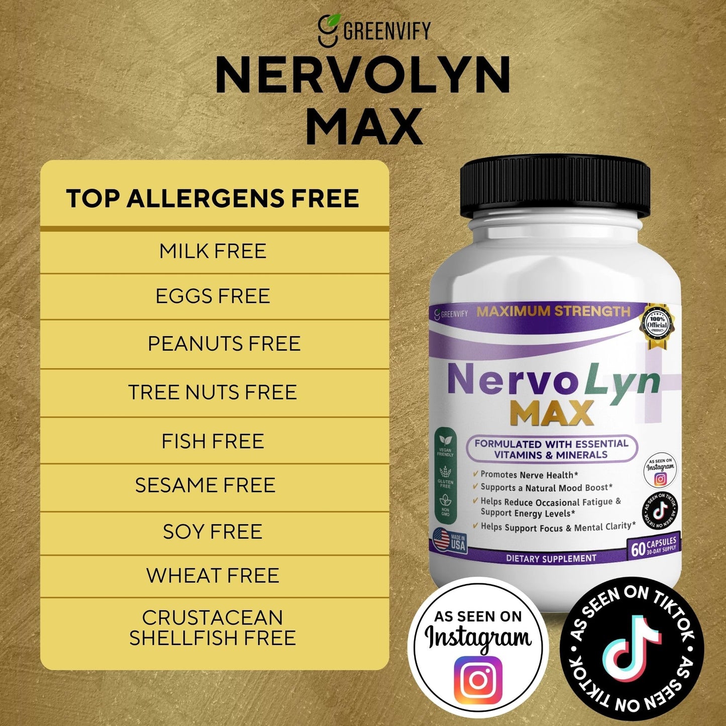 GREENVIFY NervoLyn Max Maximum Strength Nerve Support Supplement Capsules, 60 Capsules