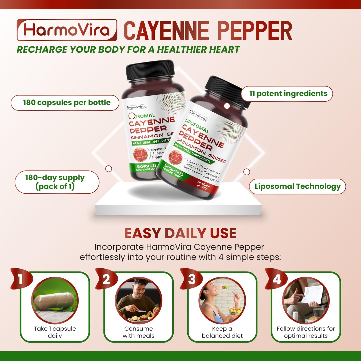HarmoVira Liposomal Cayenne Pepper Cinnamon Ginger Capsule, 180 Count