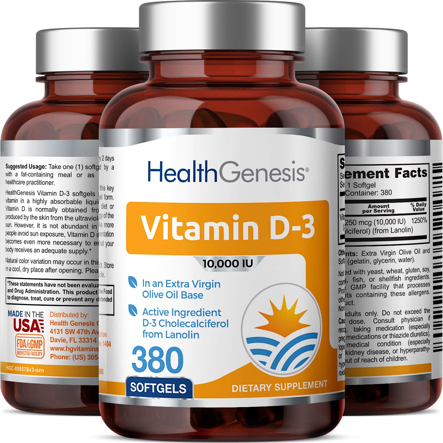 Health Genesis Vitamin D-3 10000 IU, 380 Softgels