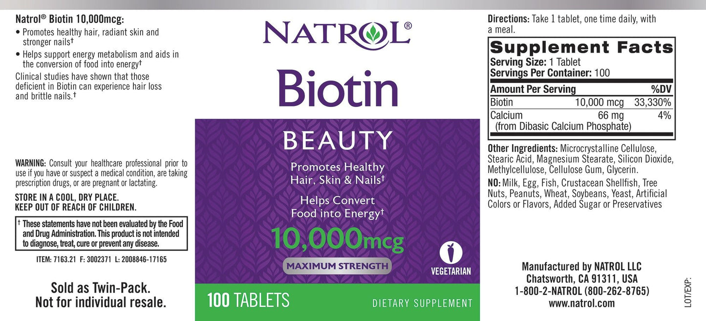 Natrol Biotin Beauty 10000mcg Tablets, 200 Count