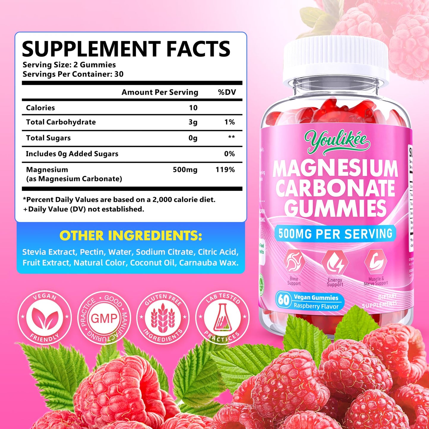 Youlikee Magnesium Carbonate 500mg Gummies, 60 Count