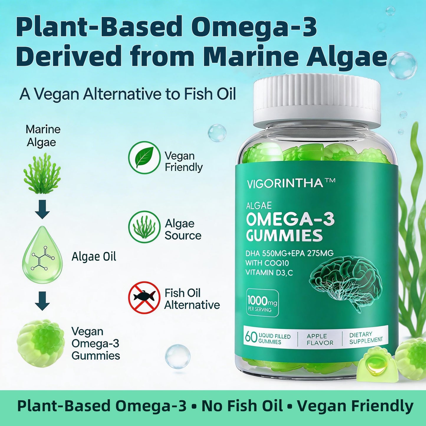 Vigorintha Vegan Omega-3 Gummies 1000mg with CoQ10, Vitamin D3, E, C, Plant-Based DHA 550mg & EPA 275mg, Sugar Free, 60 Gummies