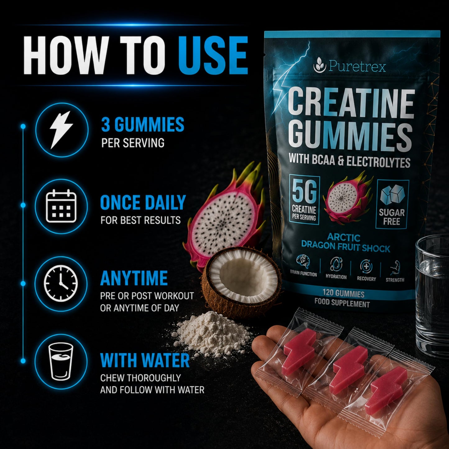 PURETREX Creatine Gummies with BCAA and Electrolytes, 120 Count