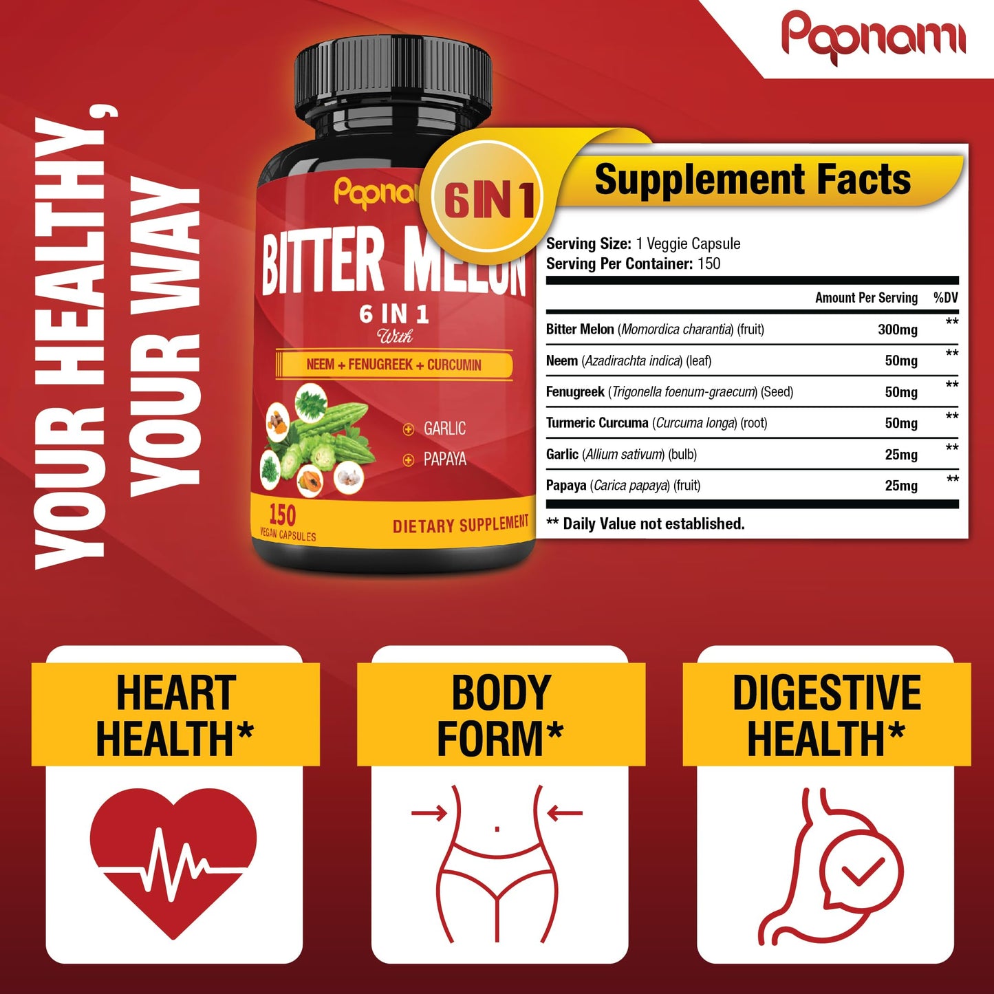 Papnami Organic Bitter Melon Extract Capsules, 150 Count