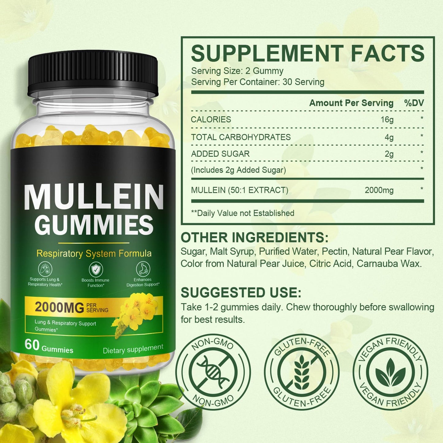 Ruduwu Mullein Gummies for Lung Detox, 2000mg Mullein Leaf Extract for Respiratory & Digestive & Immune Support with Quercetin, Bromelain, Elderberry & Marshmallow, Vegan, 60 Gummies