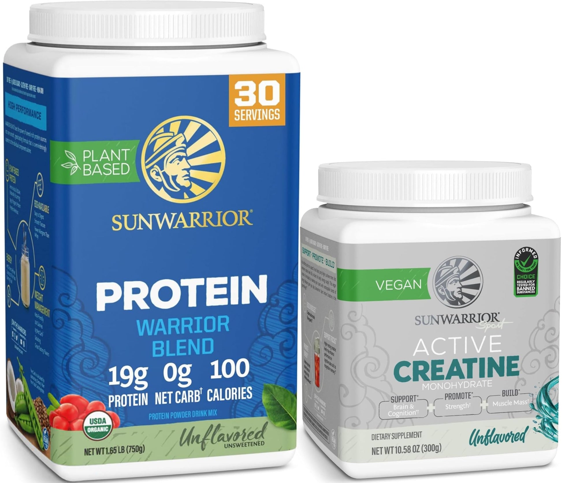 Sunwarrior Unflavored Creatine Monohydrate Powder & Organic Plant Based Protein Powder Bundle, Powder, 36.83