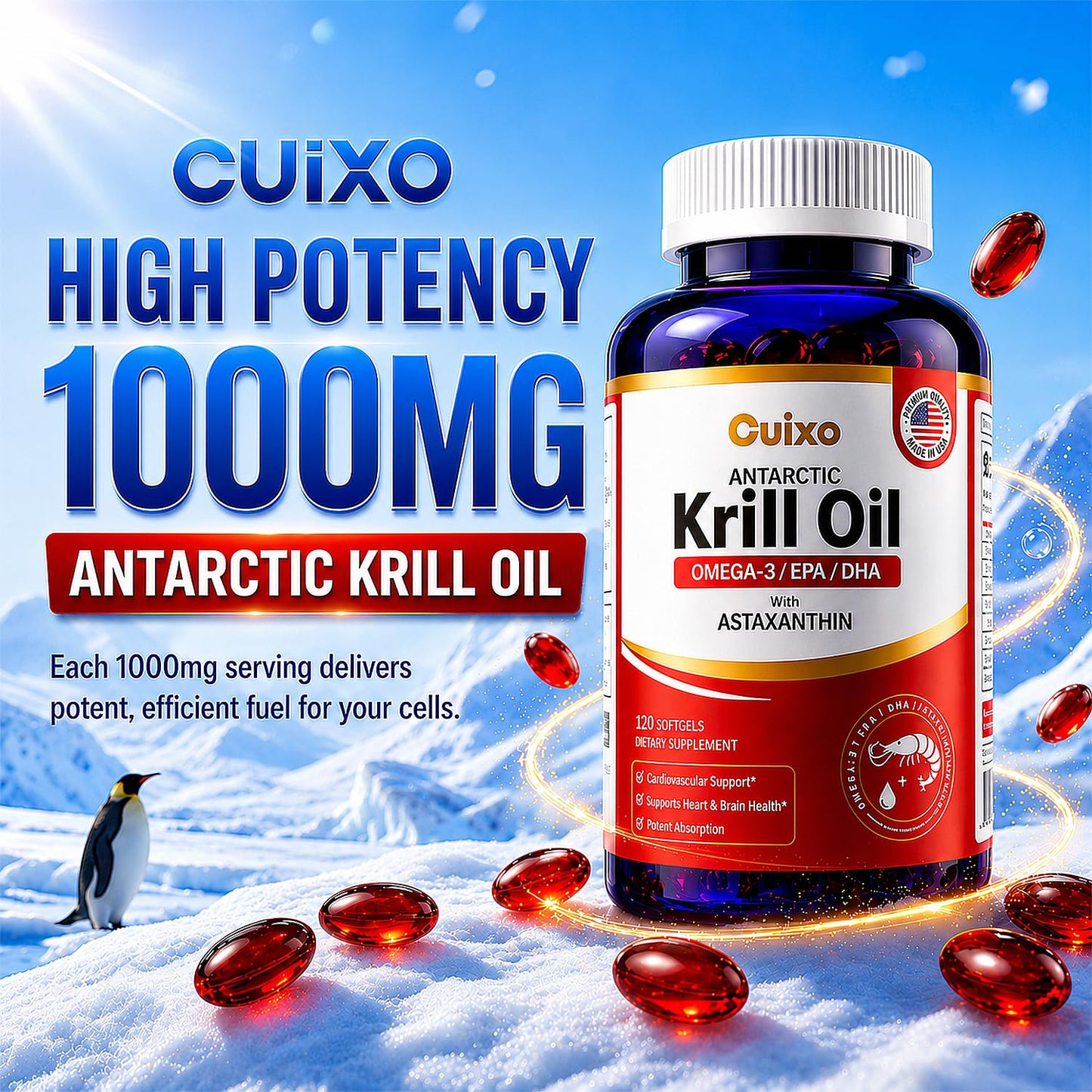 CUIXO Antarctic Krill Oil 1000 mg Omega-3 EPA DHA High Absorption Softgels 120