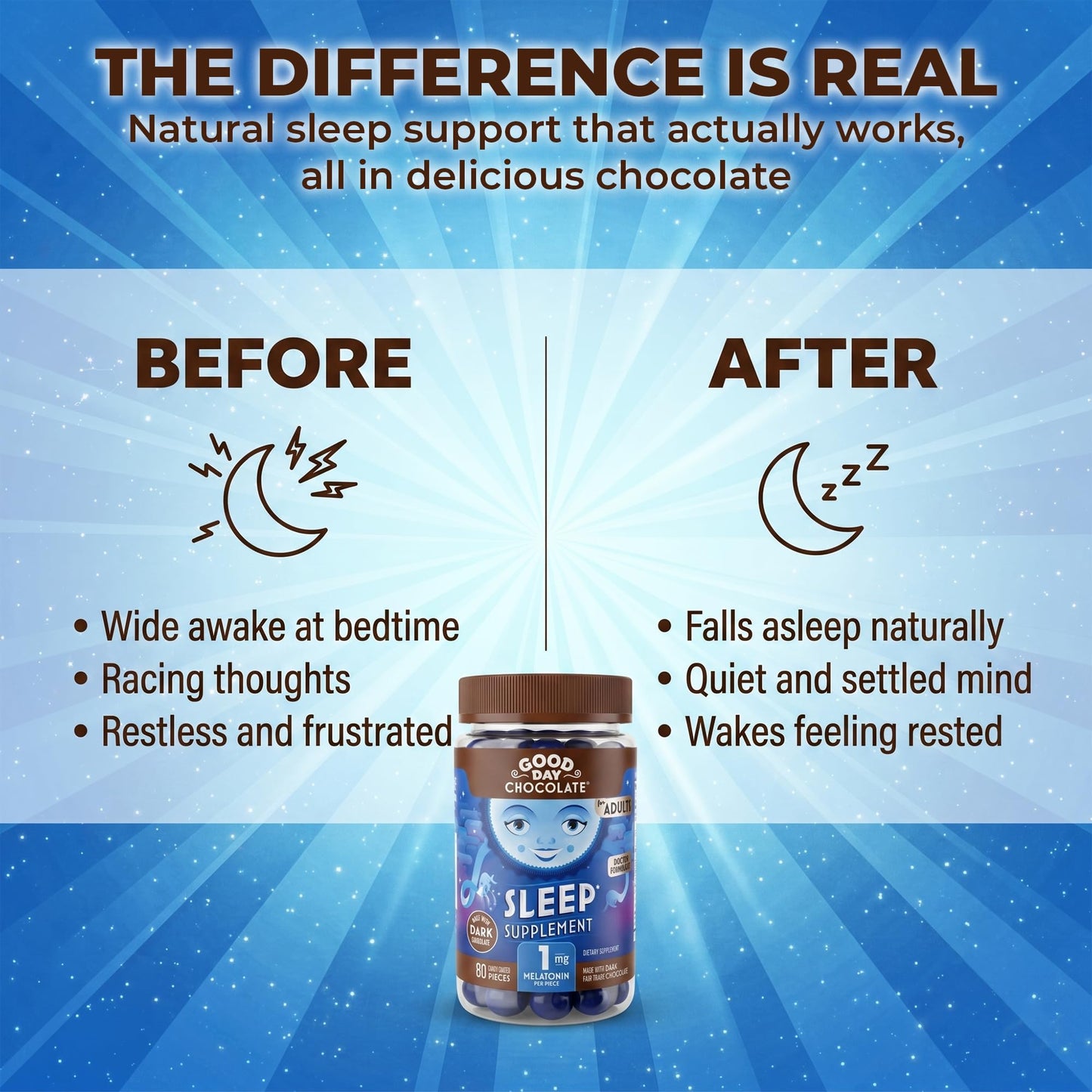 Good Day Chocolate Dark Chocolate Melatonin for Adults Chewable 80 Count