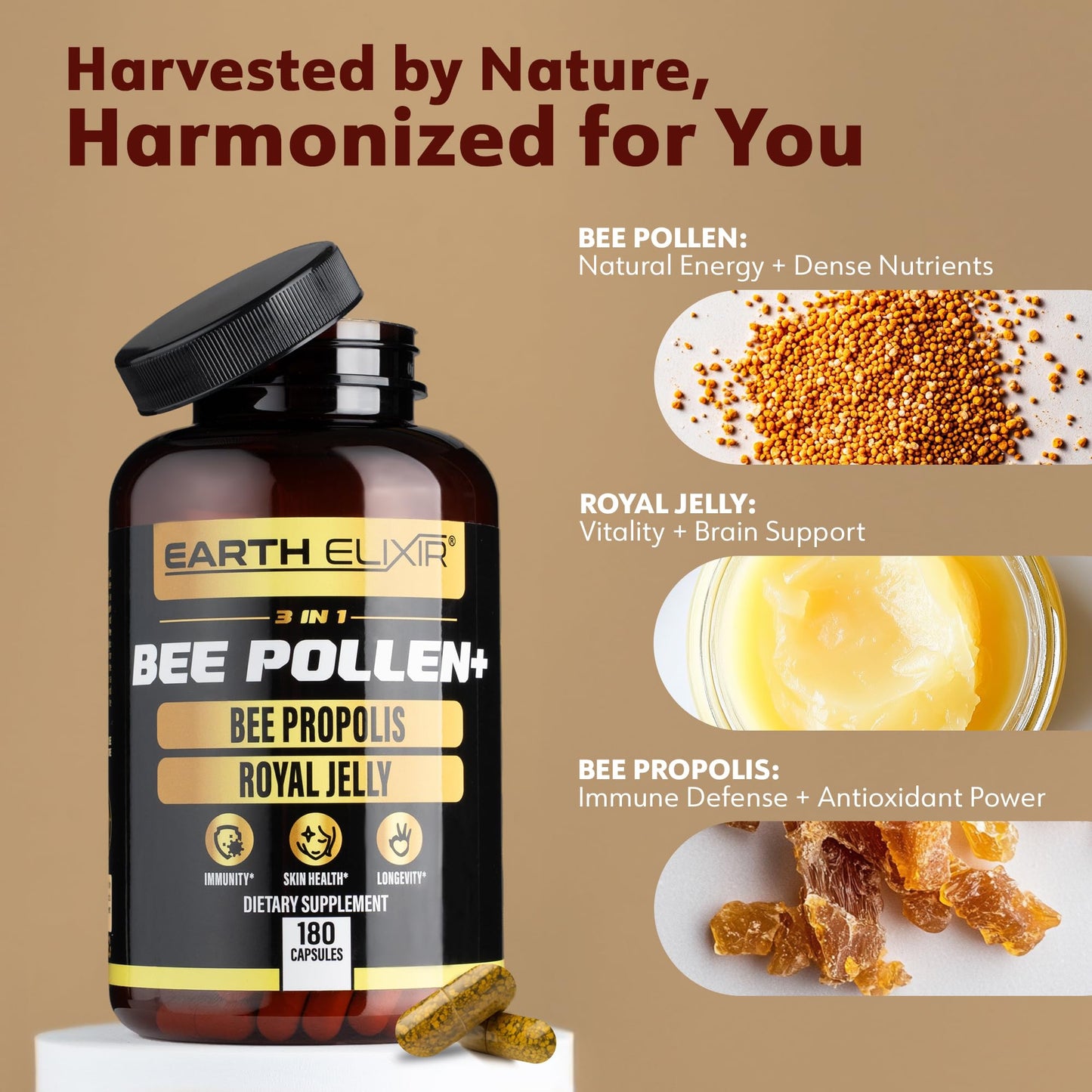 Earth Elixir 3-in-1 Organic Bee Pollen Capsule 180 Count